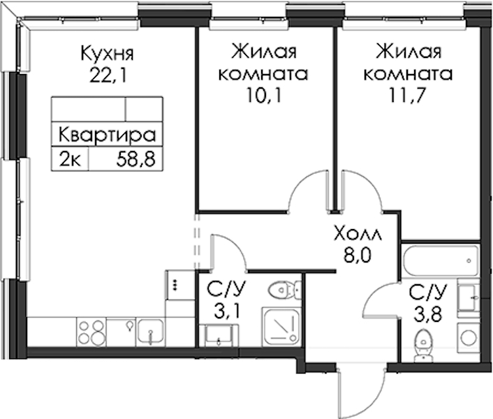2-комнатная квартира 58.8 м², 10/12 эт., ЖК «Шкиперский 19»